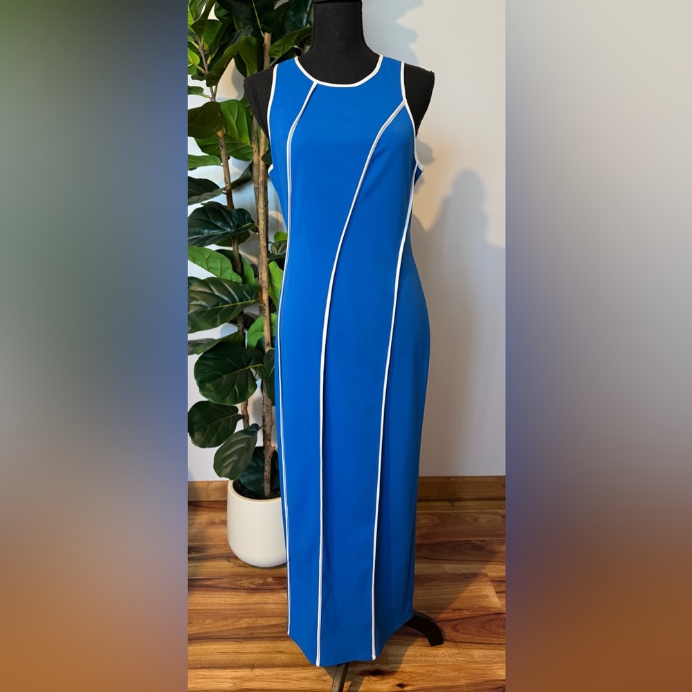 Donna Morgan Royal Blue Midi Dress with White Piping